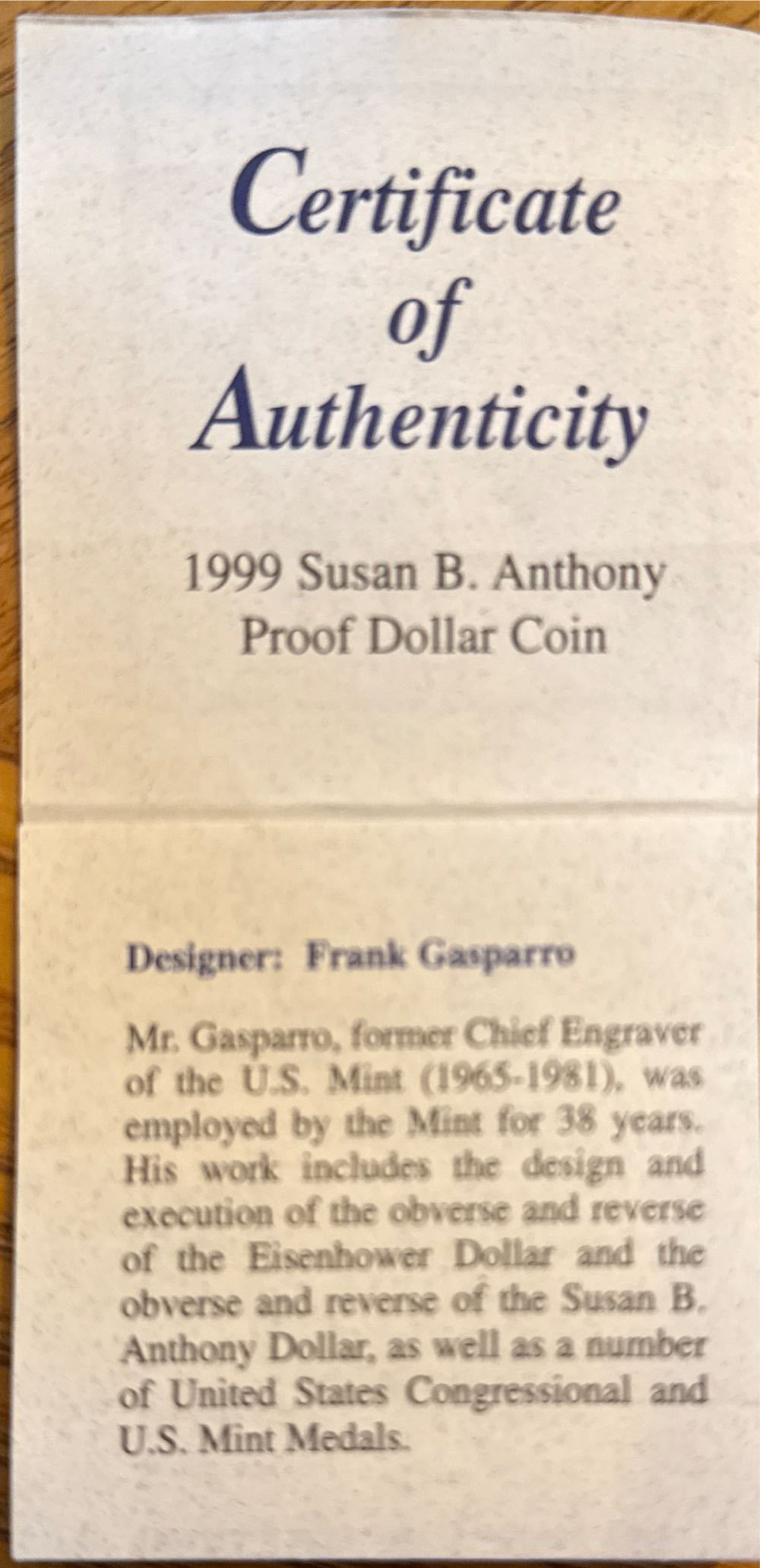 1999 Susan B Anthony Proof Dollar coin  coin collectible - Main Image 3