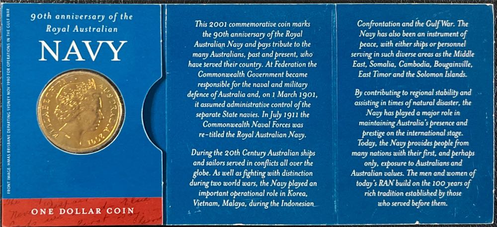 2001 $1 90th Anniversary Royal Australian Navy  coin collectible [Barcode 9314688003996] - Main Image 2