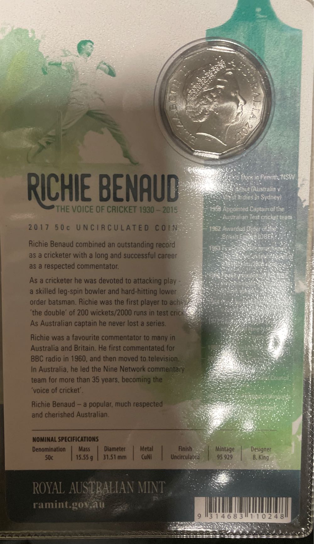 Australian: 50 Cent Richie Benaud The Voice Of Cricket On Card 1930 2015 Unc ..  coin collectible [Barcode 9314683110248] - Main Image 2