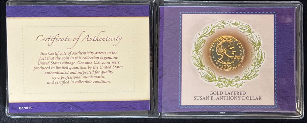 1980 San Francisco Gold Layered Susan B. Anthony Dollar In Holder W/  COA & Book  coin collectible - Main Image 2