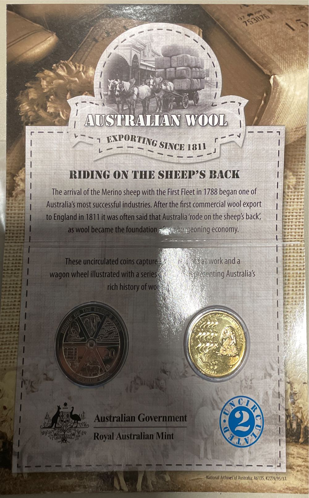 Australia & Wool Two 20 1 Dollar Set Australian Unc  coin collectible [Barcode 9314683100119] - Main Image 2