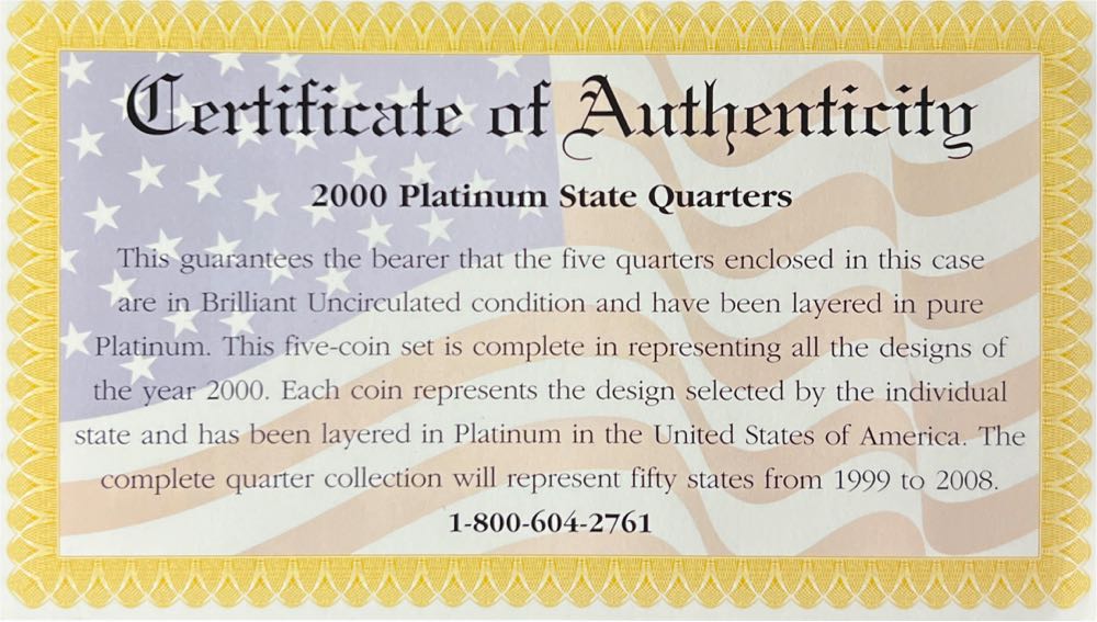 2000 Platinum 5-Coin State Quarter BU Set w/ COA  coin collectible - Main Image 3