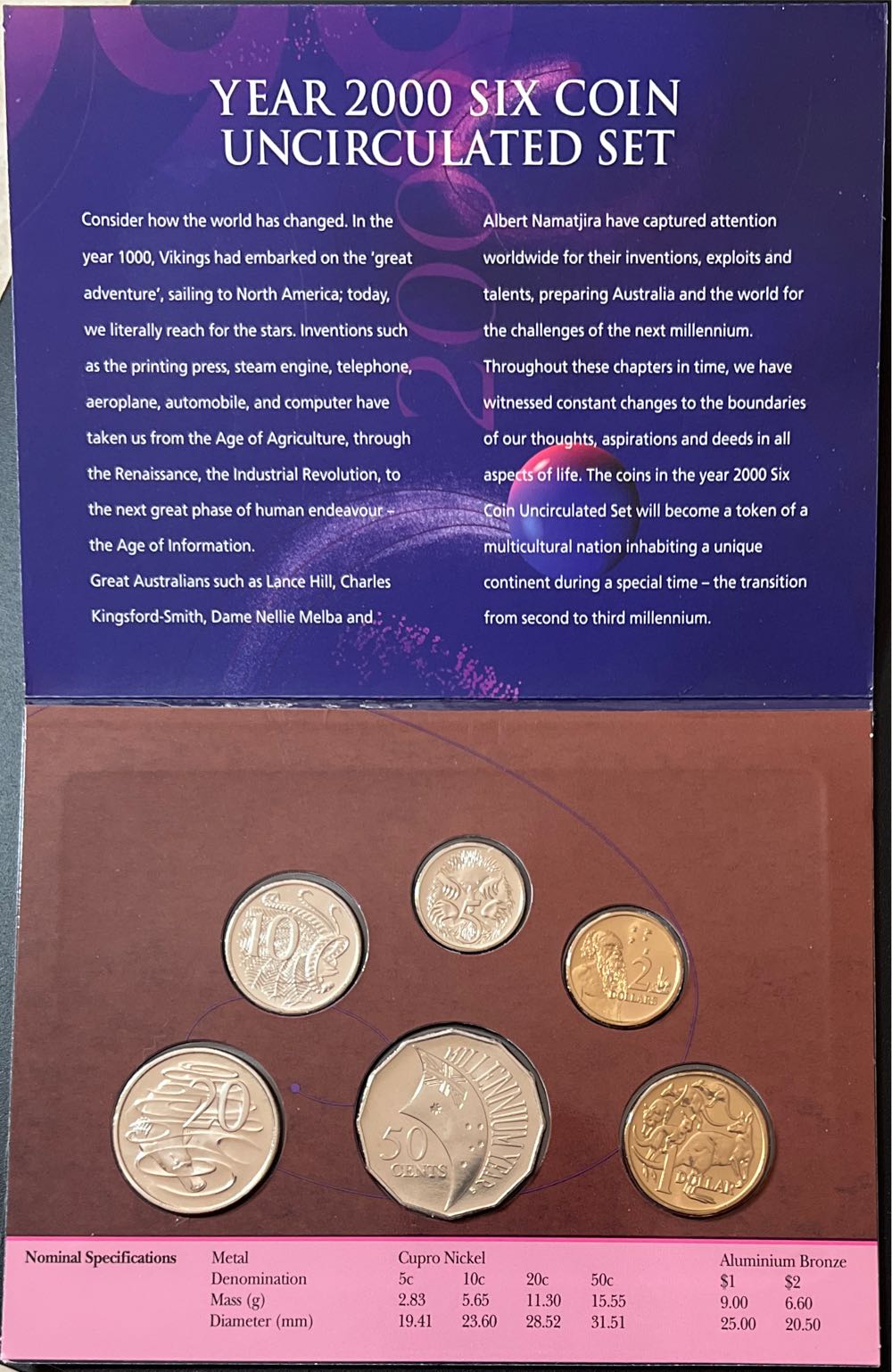 2000 Australian: Mllennium Year Six Unc Set Millennium Mint .. Australia Uncirculated 6 Royal Australian  coin collectible [Barcode 9314688003507] - Main Image 2
