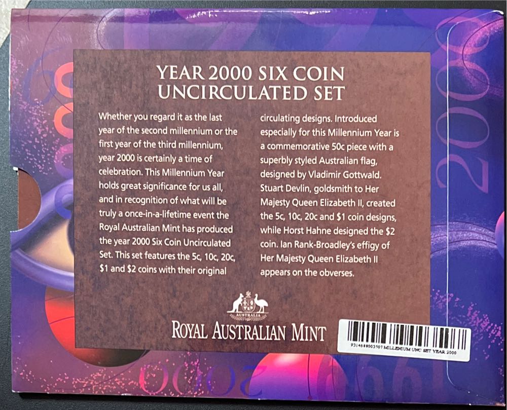 2000 Australian: Mllennium Year Six Unc Set Millennium Mint .. Australia Uncirculated 6 Royal Australian  coin collectible [Barcode 9314688003507] - Main Image 3