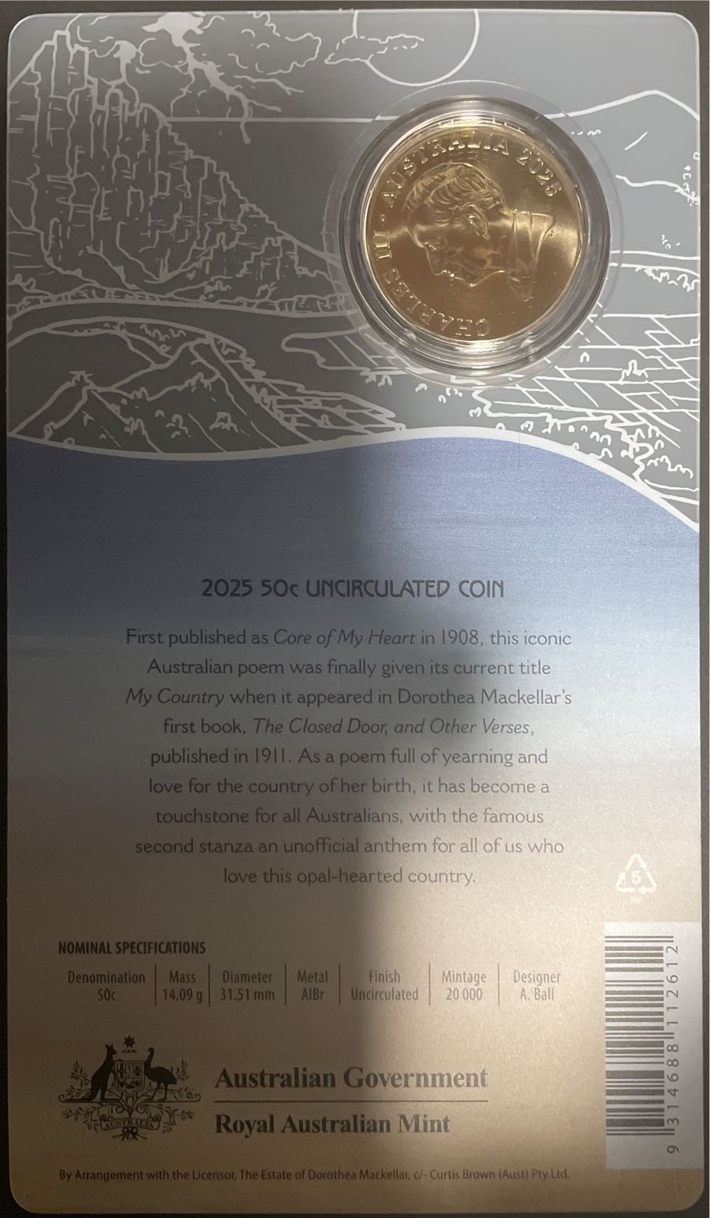 Dorothea Mackellar Treasured Australian Poetry My Country ...  coin collectible [Barcode 9314688112612] - Main Image 2
