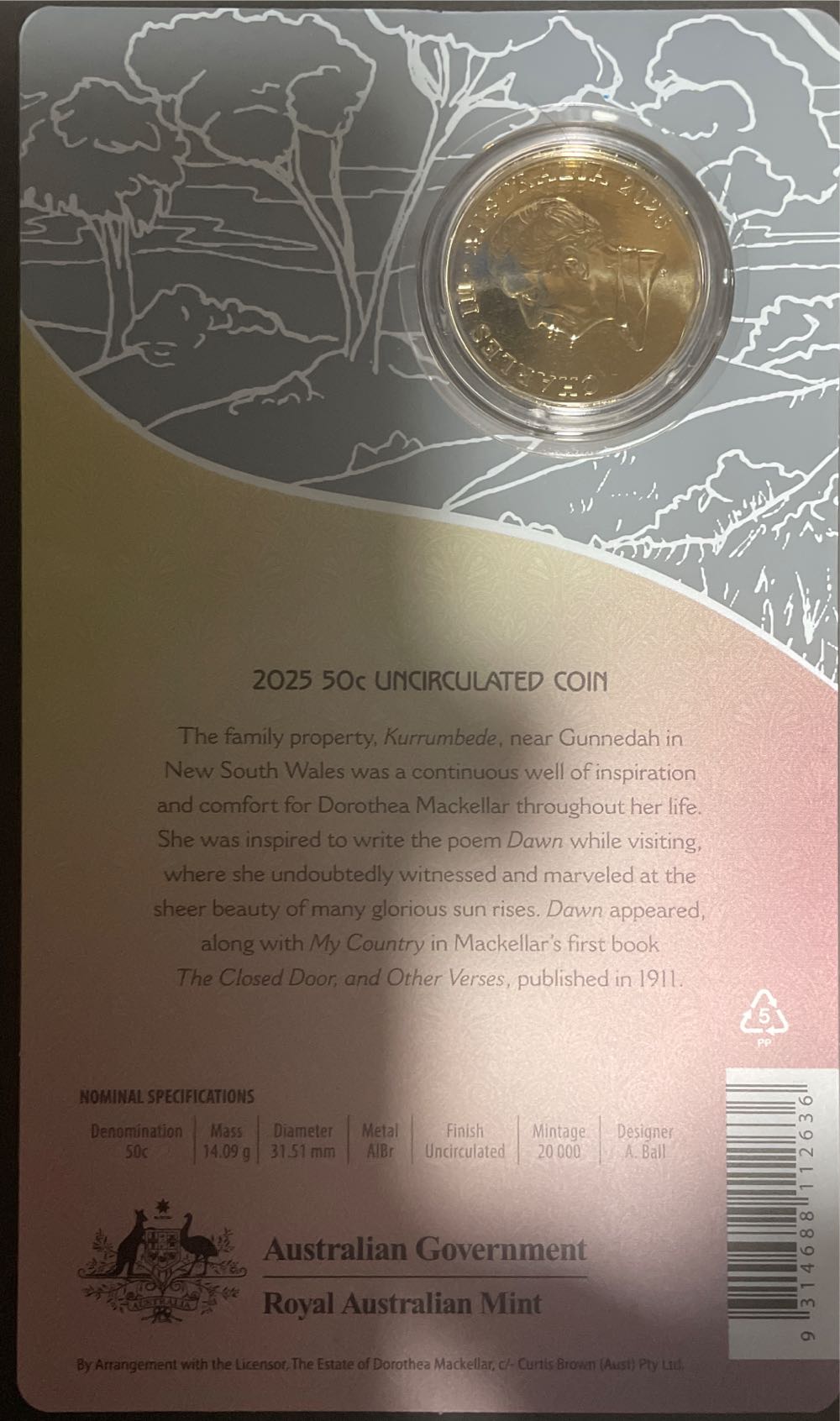Dorothea Mackellar Dawn 50c  coin collectible [Barcode 9314688112636] - Main Image 2