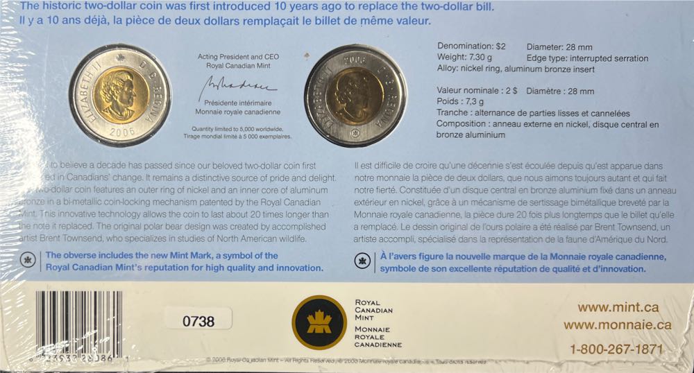 2006 Canadian Official First Day Two Dollar Coin Set Leaf And Rcm Logo Mint Mark  coin collectible [Barcode 623932280861] - Main Image 2