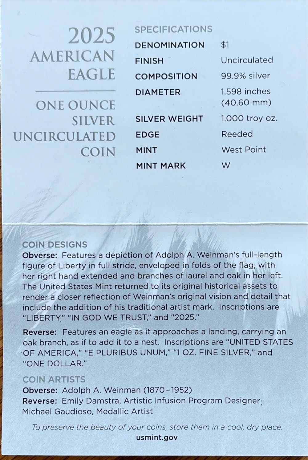 2025 W US Mint American Eagle One Ounce Silver Uncirculated  coin collectible [Barcode 704786670241] - Main Image 4