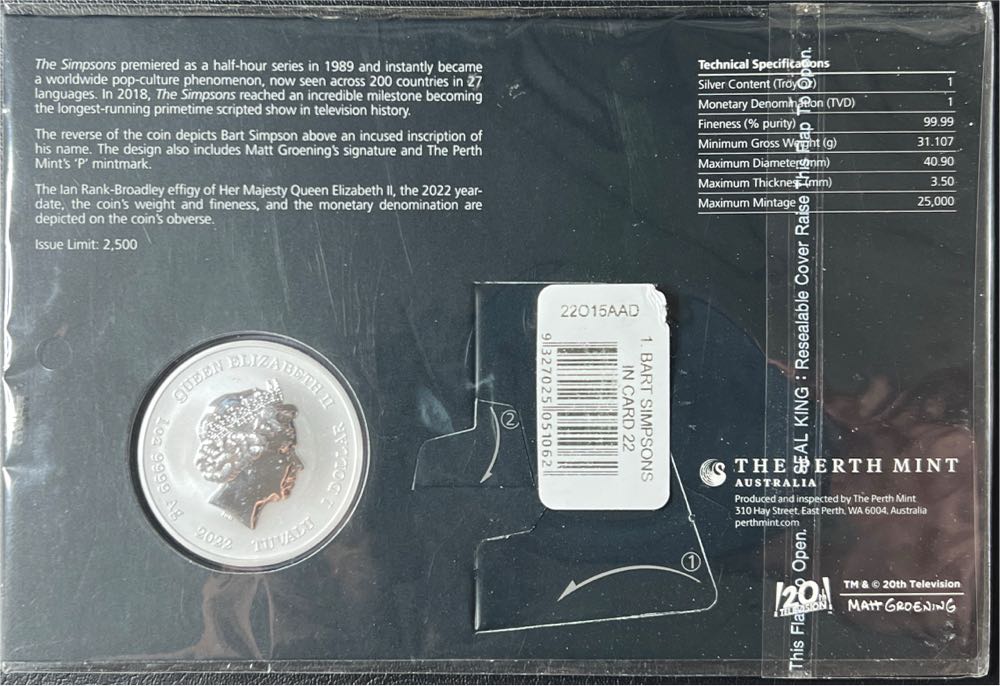 2022 Bart Simpson 1 oz Silver Coin in Card  coin collectible - Main Image 2