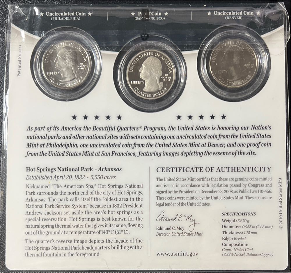 2010 Hot Springs National Park Pds Proof Atb 3 Quarter Set Three America The Beautiful Quarters Mint Free  coin collectible [Barcode 704785120211] - Main Image 2