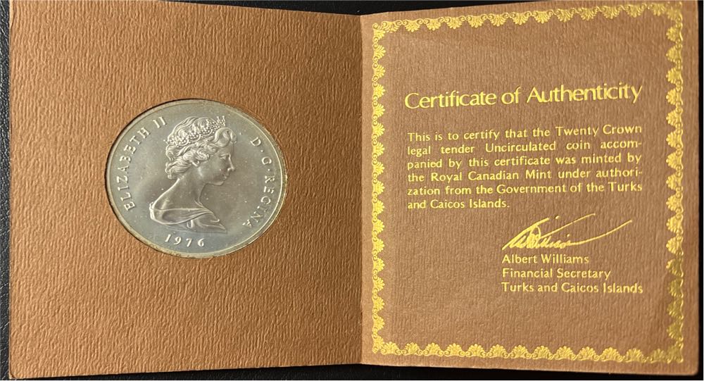 1976 Turks & Caicos Islands Victoria 20 Crown Silver Coin Uncirculated COA Book  coin collectible - Main Image 3