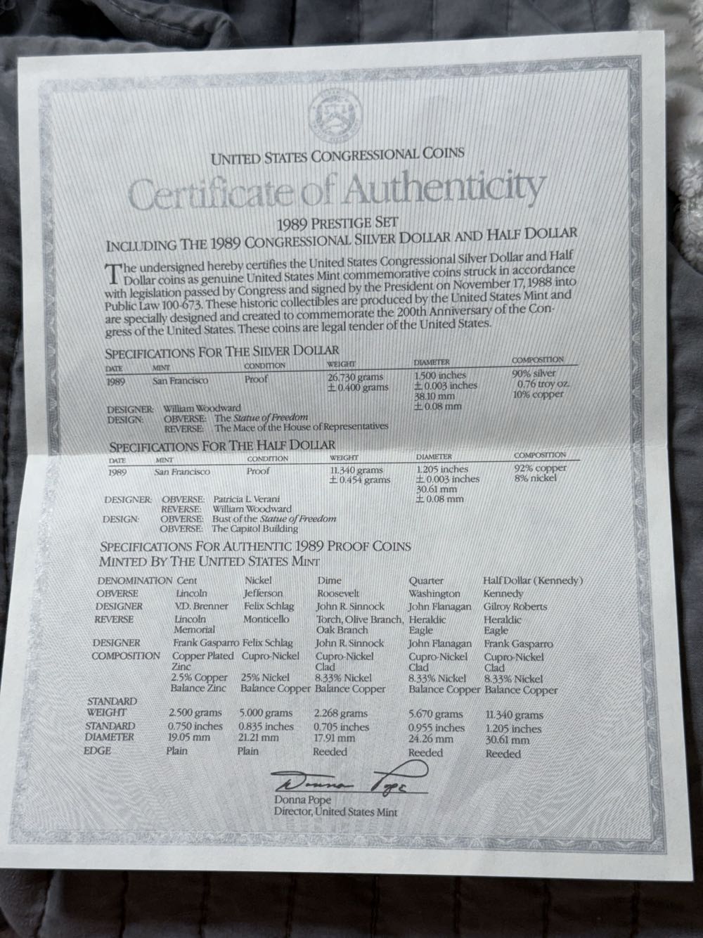 Prestige Set 1989-S US Mint Proof Coin Set with Congresses Bicentennial Silver Dollar and COA  coin collectible - Main Image 3