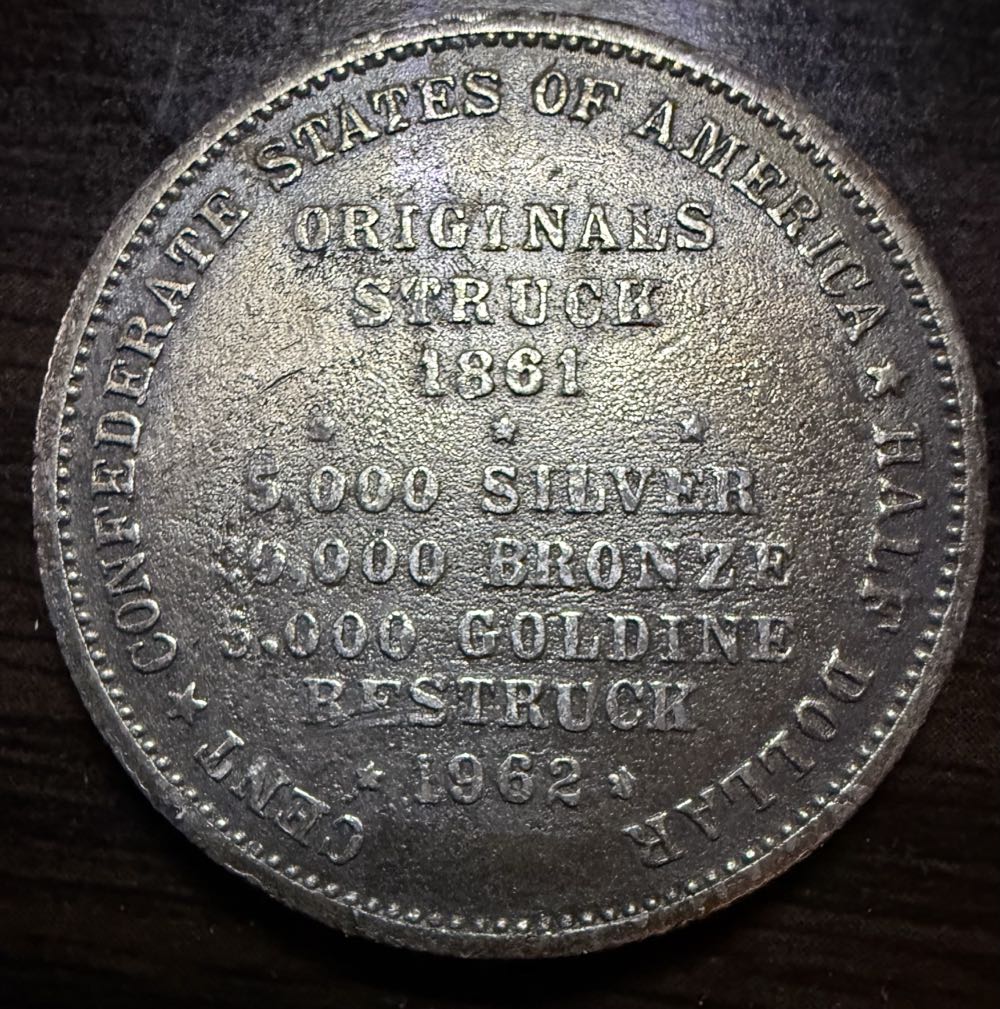 1861 CSA Half Dollar (1962 Bashlow Restrike Token)  coin collectible - Main Image 2