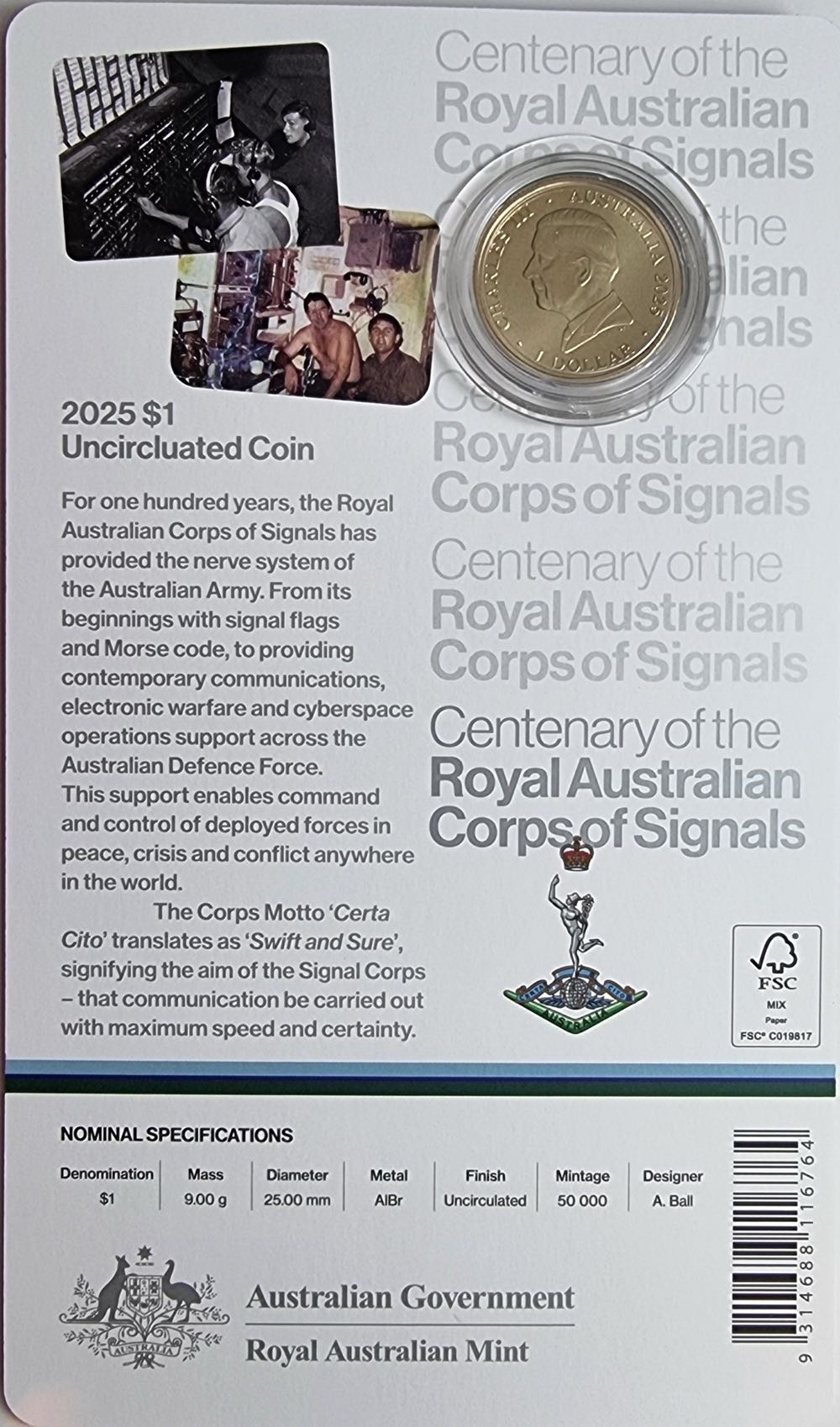 $1 2025 | Corp Signals Centenary  coin collectible - Main Image 4