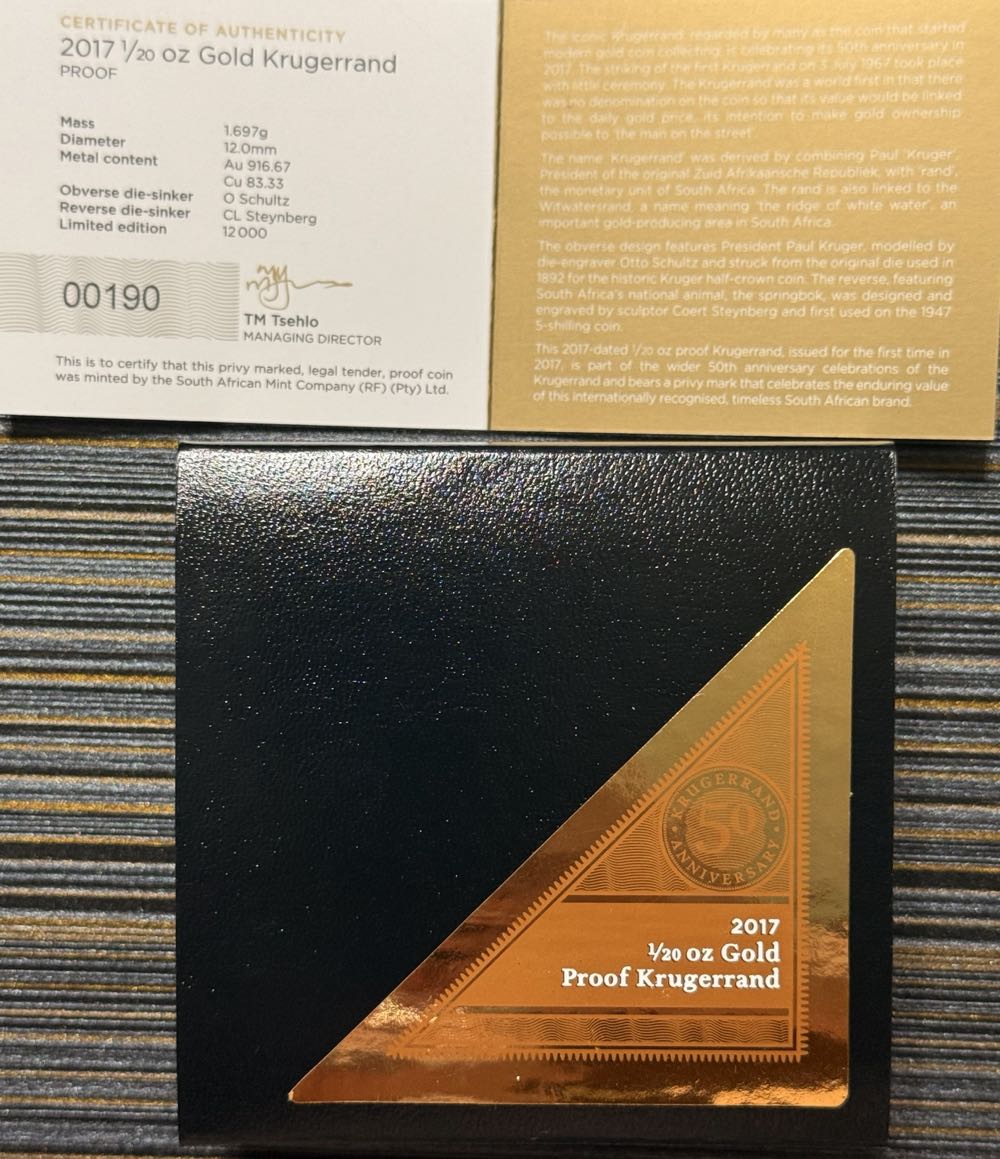 Gold 2017 1/20 oz Gold Krugerrand 00190/003525  coin collectible - Main Image 3