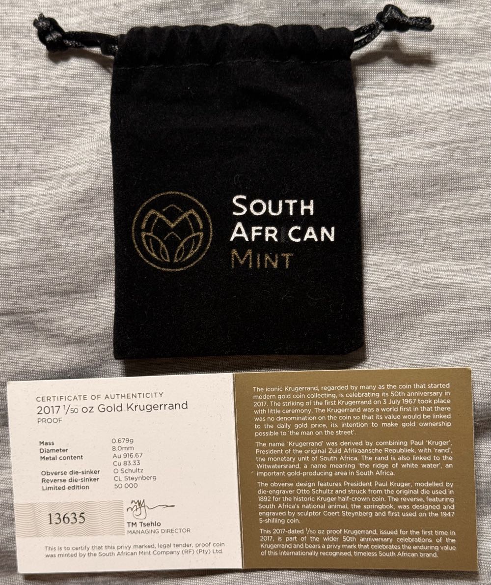 Privy Gold 2017 South Africa 1/50 oz Proof Gold Krugerrand 23,763/50,000 “50” Privy Mark  coin collectible - Main Image 3