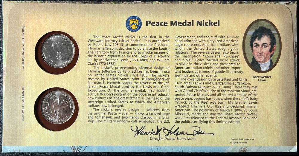 2004 Peace Medal Westward Journey Nickel First Day Cover  coin collectible - Main Image 2