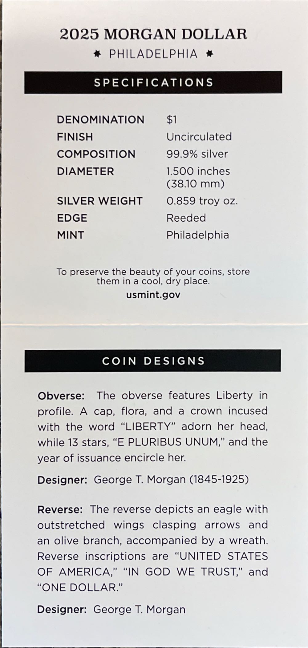 2025 (P) Morgan Silver Dollar Uncirculated  25XE  coin collectible [Barcode 704786670319] - Main Image 4