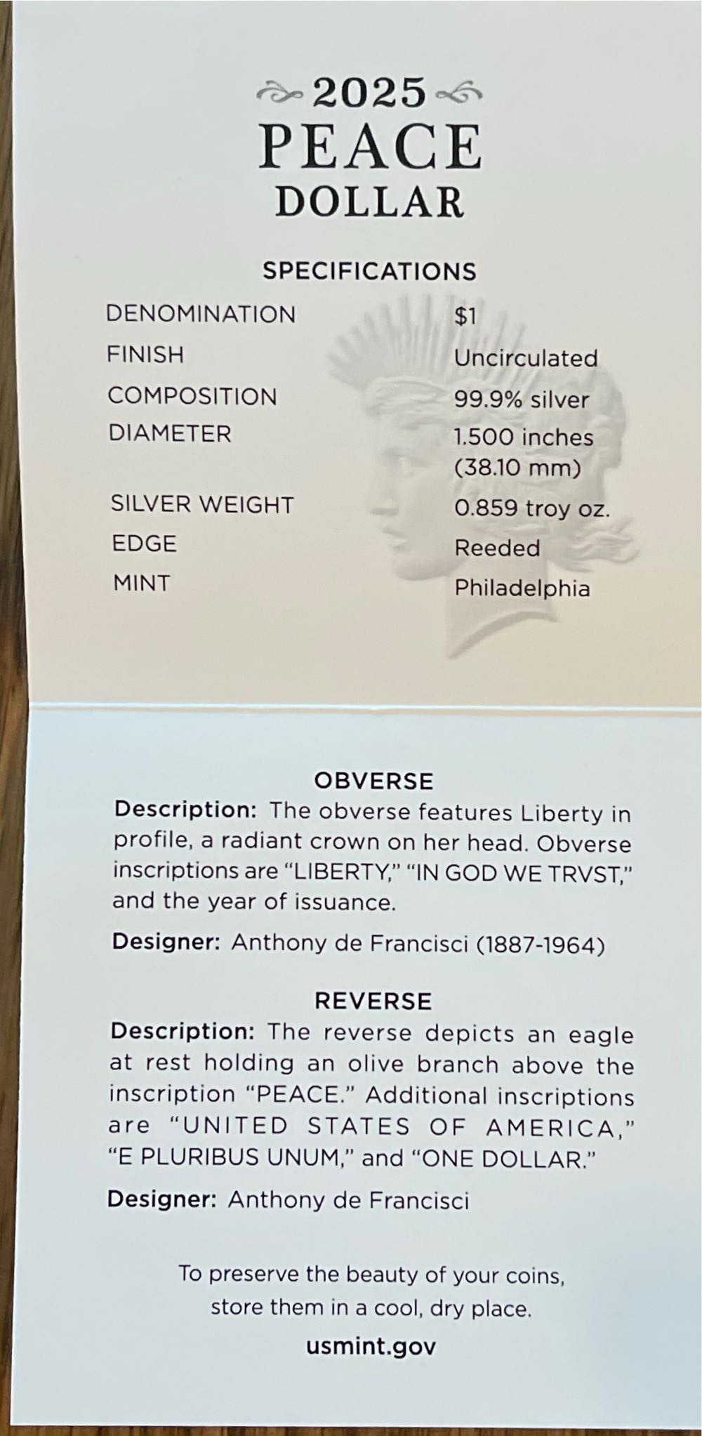 Peace Silver 2025-P US Mint Peace Silver Dollar Uncirculated 25XH  coin collectible [Barcode 704786670333] - Main Image 4