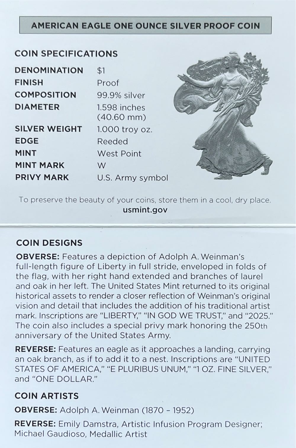 Privy ARMY privy 2025-W American Silver Proof 250th Anniversary United States Army  coin collectible [Barcode 704786671361] - Main Image 4