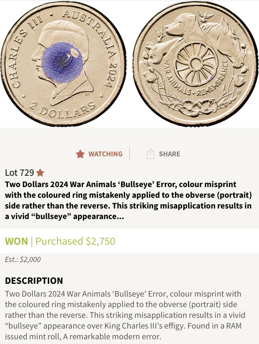 2024 $2 Purple Poppy - BULLSEYE ERROR  coin collectible - Main Image 3