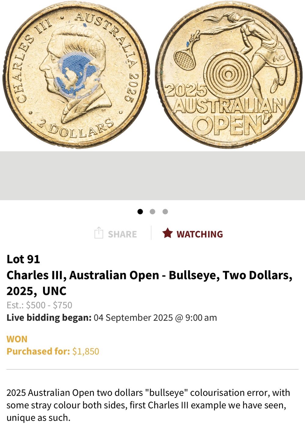 2025 $2 AO Womens - BULLSEYE ERROR  coin collectible - Main Image 3