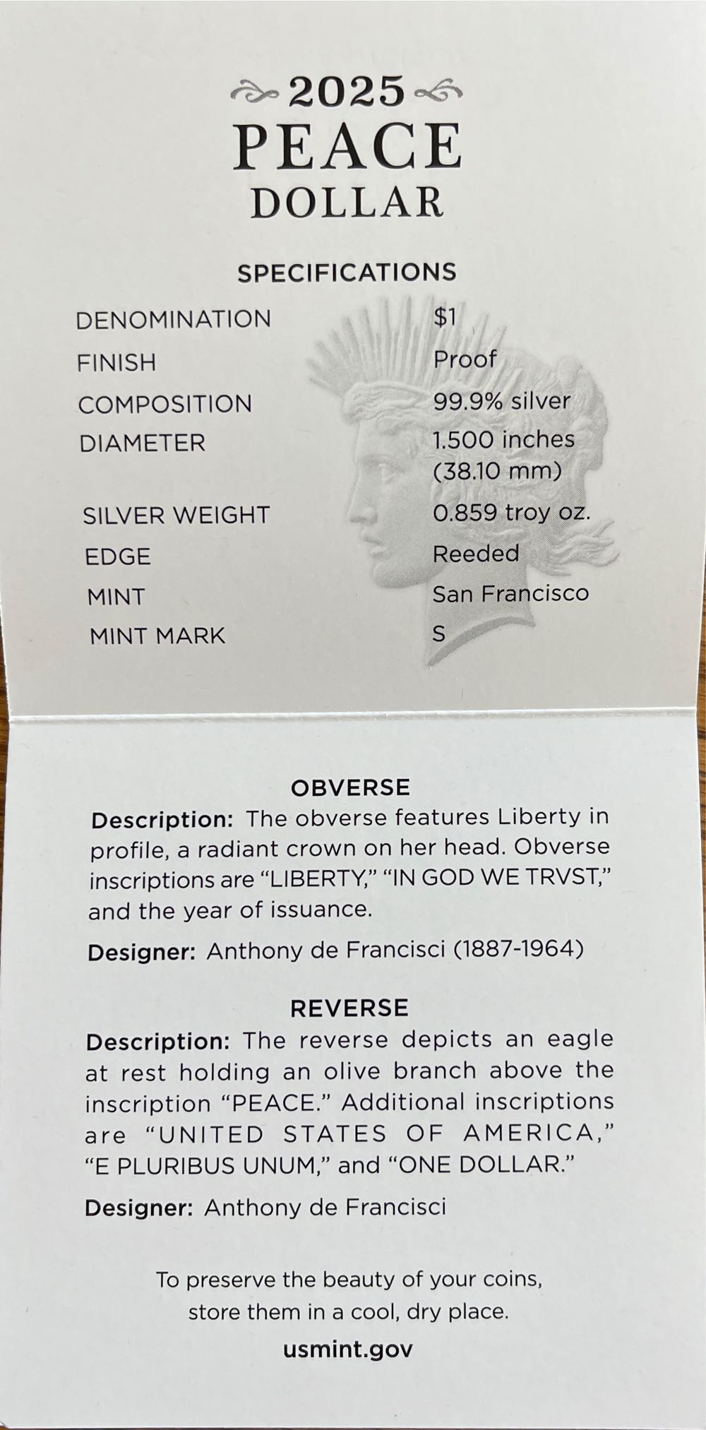 Peace Silver Dollar Proof S 2025  coin collectible [Barcode 704786670111] - Main Image 4