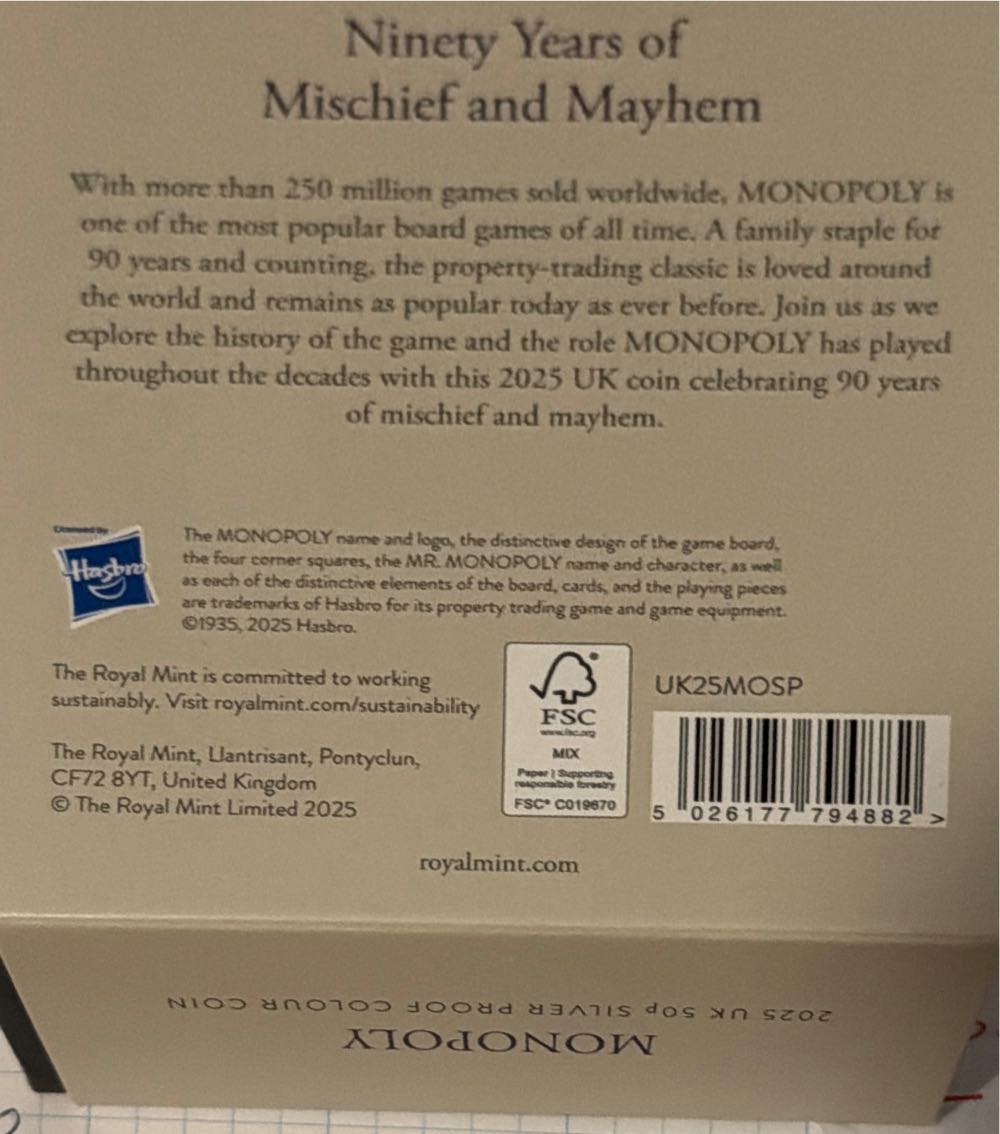 Proof Silver Monopoly 90th Anniversary  coin collectible [Barcode 5026177794882] - Main Image 3