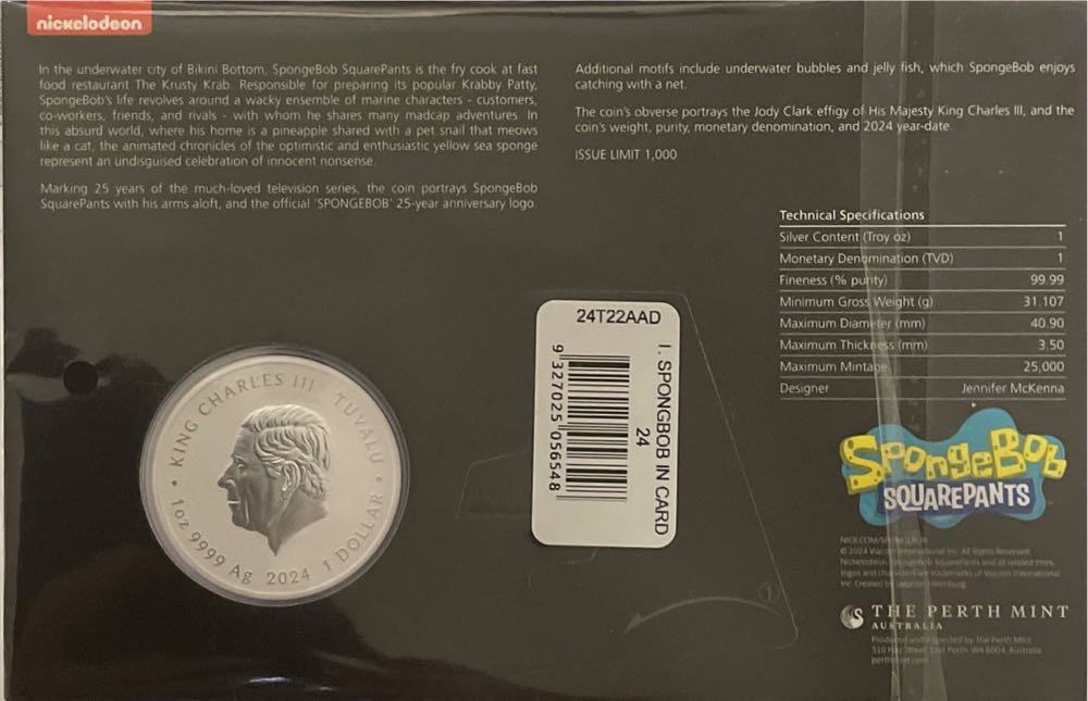 SpongeBob 25 1oz Silver Coin  coin collectible [Barcode 9327025056548] - Main Image 2
