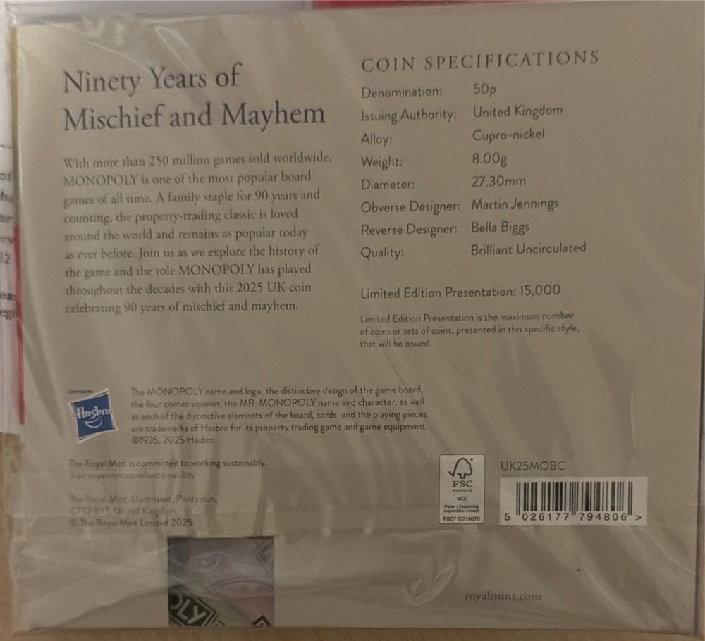 50p Monopoly 90th Anniversary Coloured Brilliant ...  coin collectible [Barcode 5026177794806] - Main Image 3
