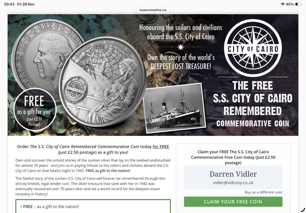 SS City of Cairo Remembered NNA Coin  coin collectible - Main Image 2