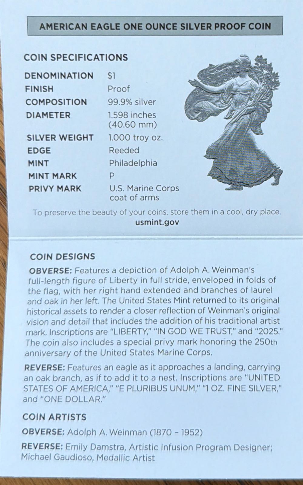 2025 W American Silver Eagle One Ounce Silver Proof 250th Anniversary United States Marine Corps  coin collectible [Barcode 704786671354] - Main Image 4