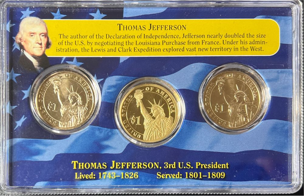 2007 Thomas Jefferson Presidential $1 Coin Proof Set P, D & S First Day of Issue  coin collectible - Main Image 2
