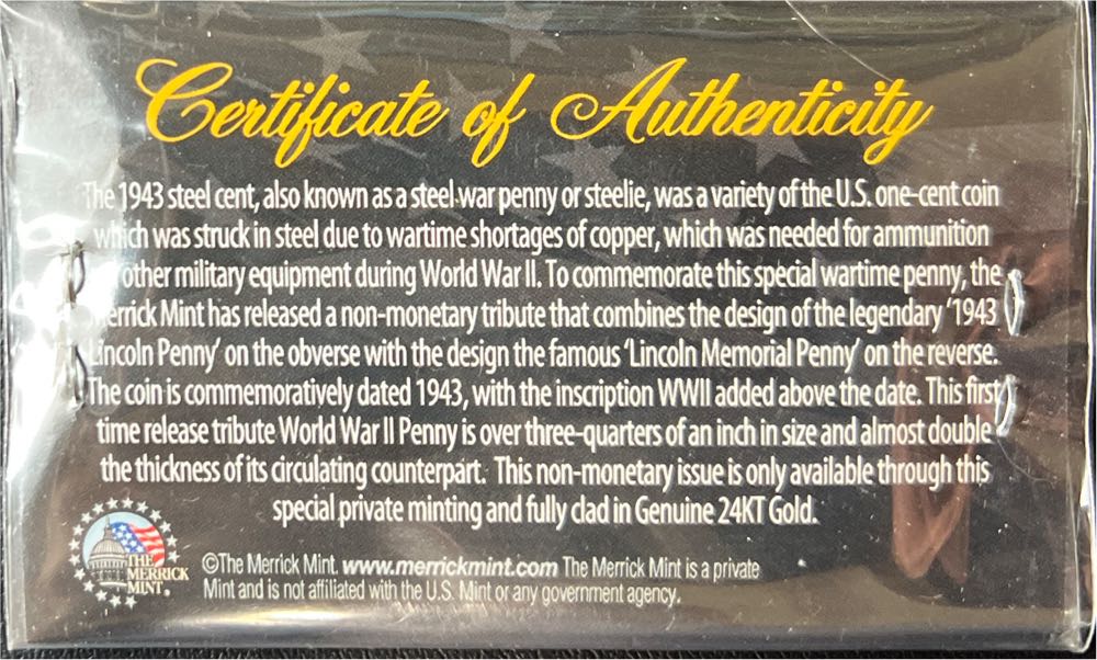 1943 Tribute WORLD WAR II PENNY CLAD IN GENUINE 24KT GOLD / COA  coin collectible - Main Image 2