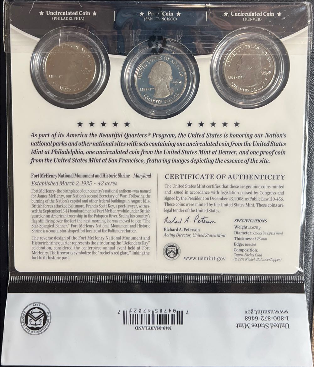 Fort Mchenry America The Beautiful Quarters Set Sealed W Coa 3 Mint Quarter Us Three National Atb  coin collectible [Barcode 704785470217] - Main Image 2