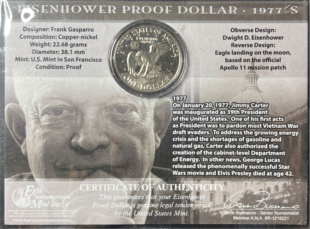 1977 S Eisenhower Proof Dollar with COA MG  coin collectible - Main Image 2