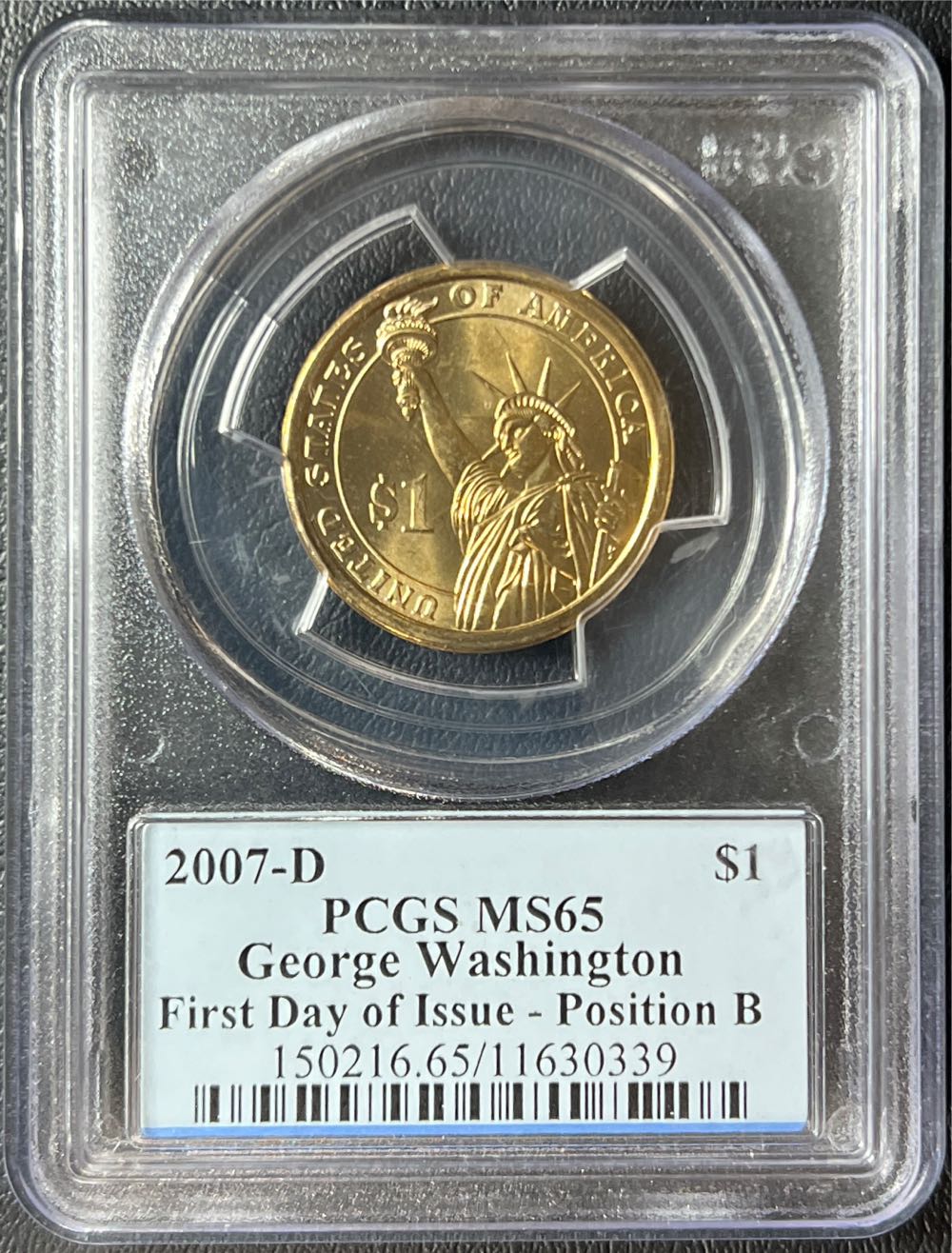 2007 D GEORGE WASHINGTON DOLLAR FIRST DAY OF ISSUE PCGS MS65  coin collectible - Main Image 2