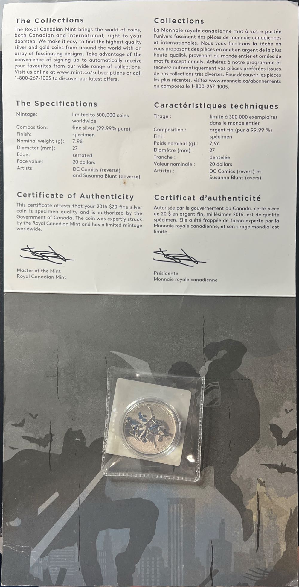 2016 Canada $20 Fine Silver Coin - Batman v. Superman w Original Packaging & COA  coin collectible - Main Image 2
