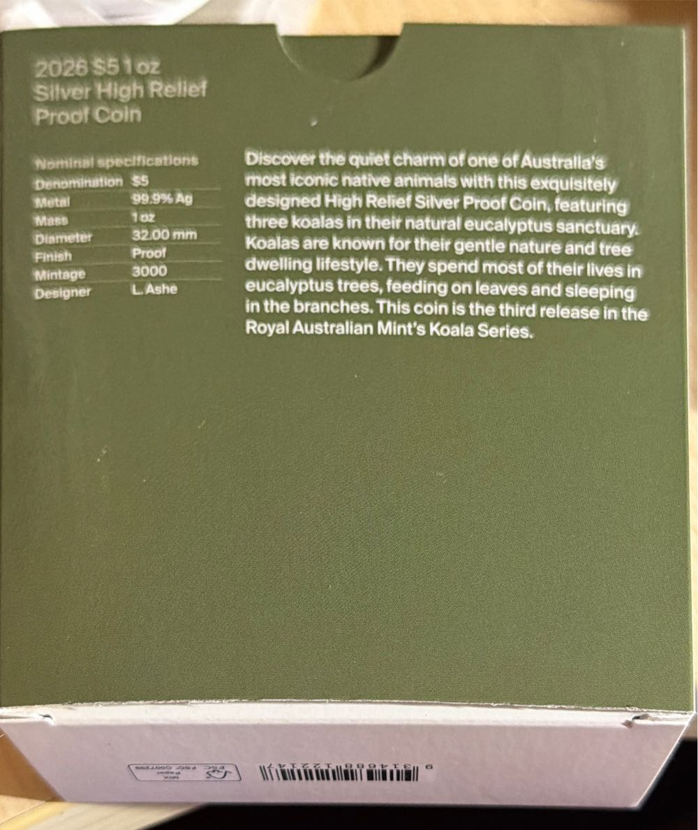 Koala Series 2026 $5 1oz Silver High Relief Proof Coin  coin collectible [Barcode 9314688122147] - Main Image 2