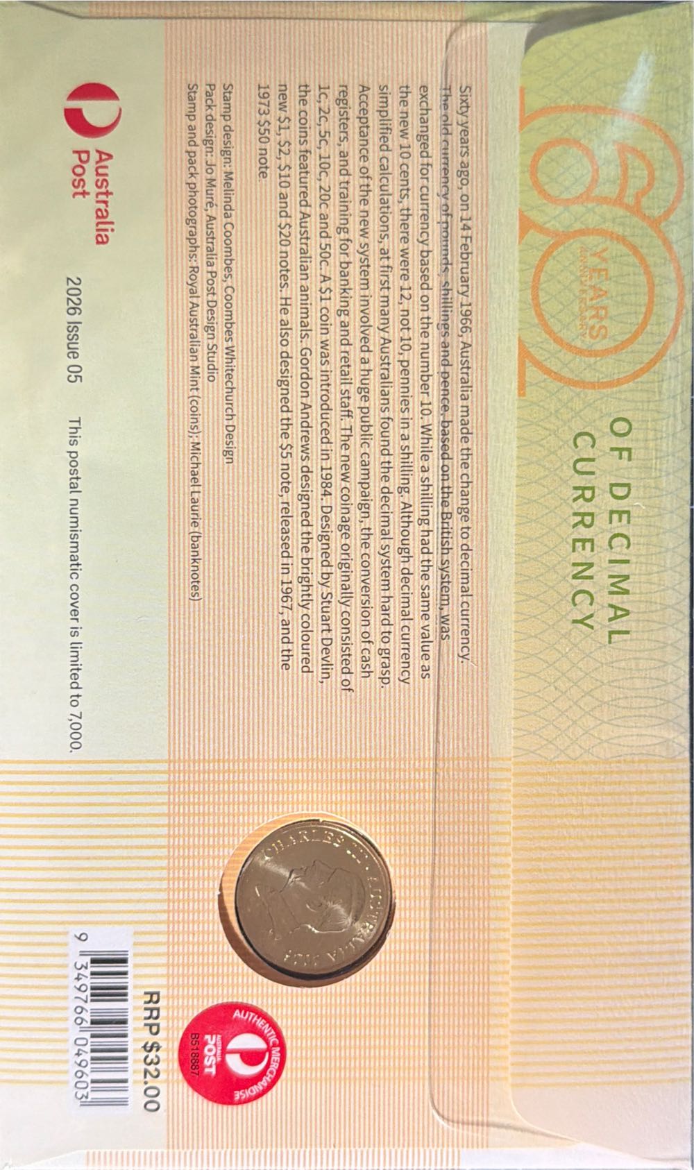 $1 Coin 60 Years Of Decimal Currency Pnc Ram  coin collectible [Barcode 9349766049603] - Main Image 2