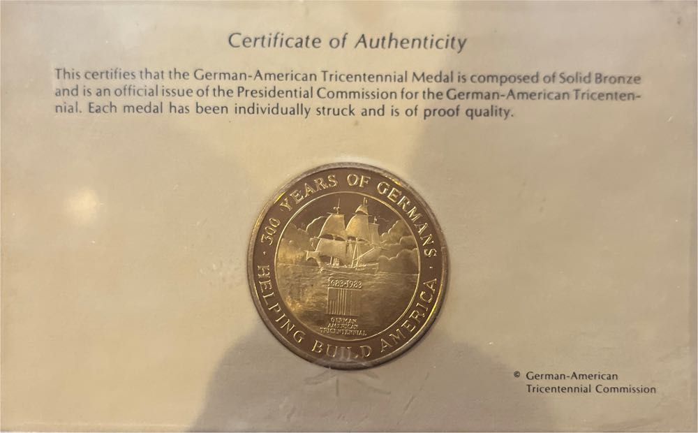 German-American Tricentennial Bronze Commemerstive Medal  coin collectible - Main Image 2