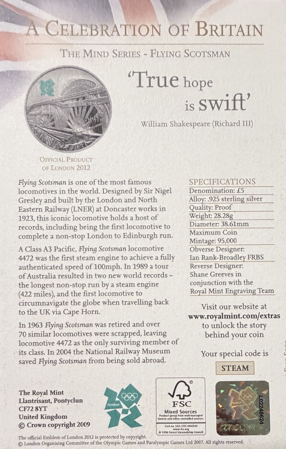 2009 Flying Scotsman £5  coin collectible - Main Image 4