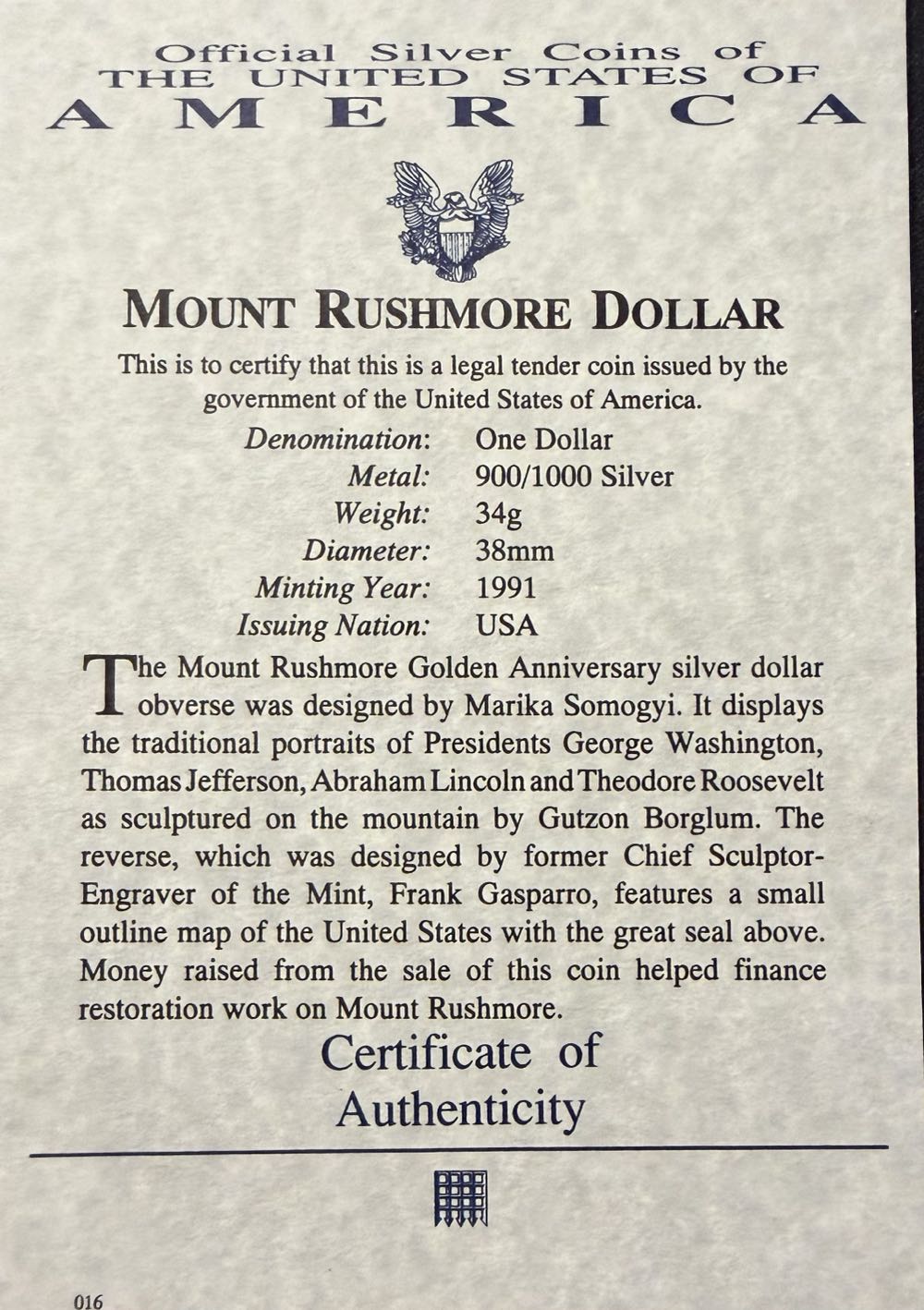 1991 Mount Rushmore Dollar $1  coin collectible - Main Image 3