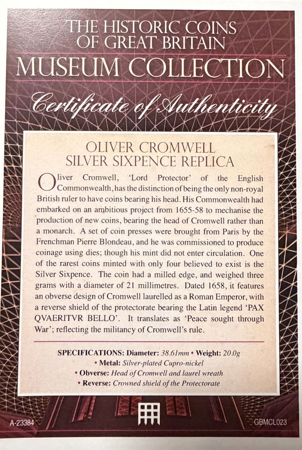 Oliver Cromwell Silver Sixpence Replica Medal  coin collectible - Main Image 3