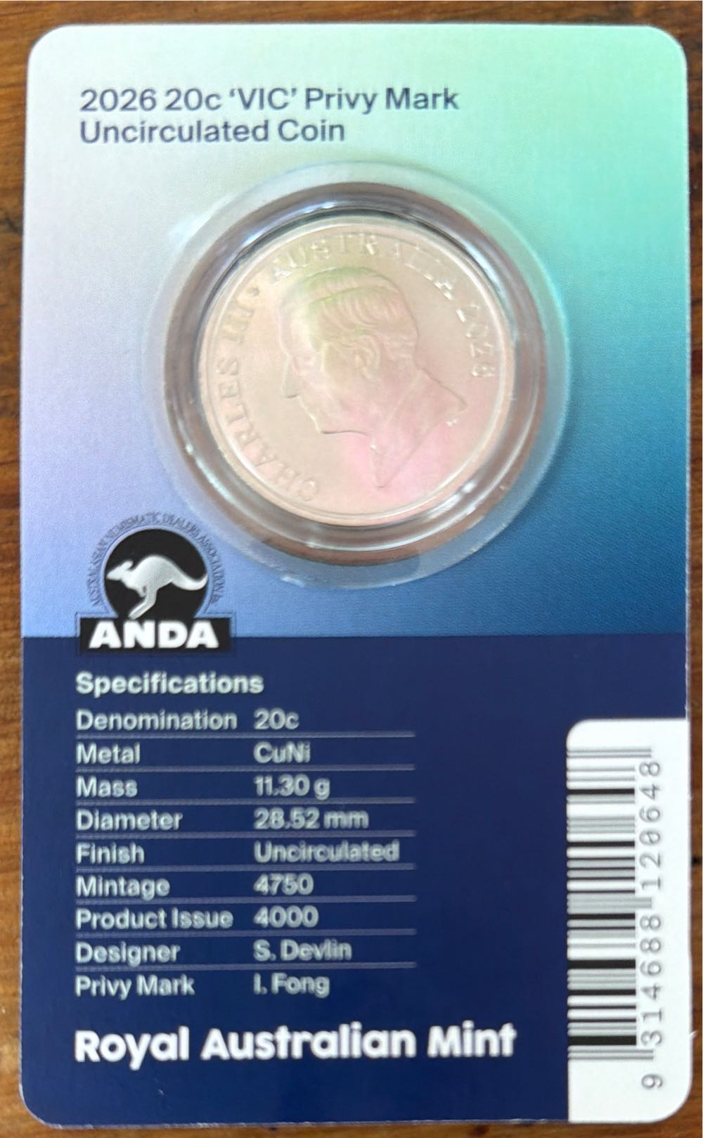 Anda Money Expo Melbourne 20c Vic Privy Mark Unc Card  coin collectible [Barcode 9314688120648] - Main Image 2