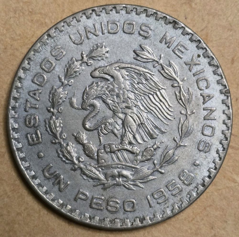 1958-Mo Mexico 1 Peso 10% Silver Content  coin collectible - Main Image 2
