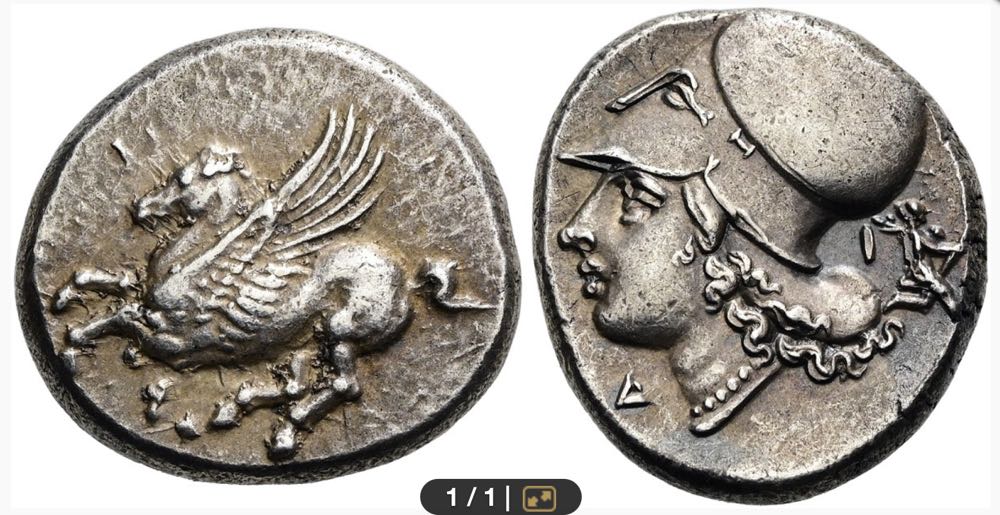  Los 427 KORINTH. Stater ø 21mm (8.63g). 345 - 307 v. Chr. Vs.: Pegasos n. l. fliegend, darunter Koppa. Rs.: Kopf der Athena mit korinthischem Helm n. l., davor u. dahinter Δ - I, dahinter Artemis mit Fackel n. r. eilend. Calciati, Pegasi 457; Ravel 1081;  coin collectible - Main Image 3