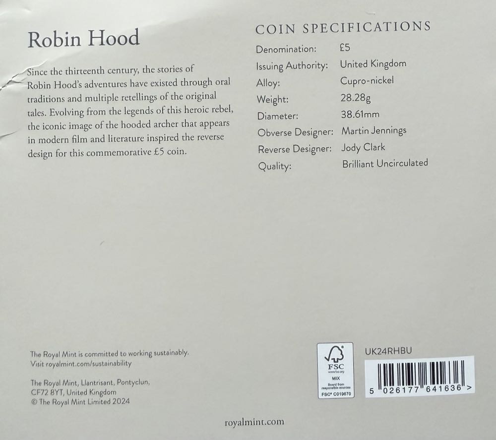 2024 Robin Hood £5  coin collectible - Main Image 4