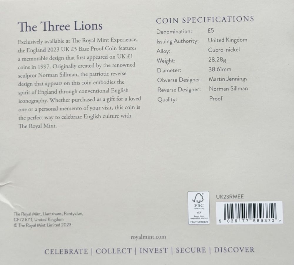 2023 The Three Lions £5  coin collectible - Main Image 4