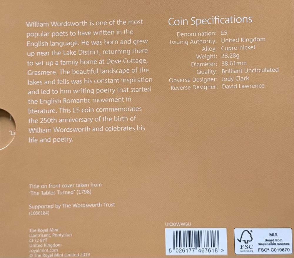 2020 William Wordsworth £5  coin collectible - Main Image 4